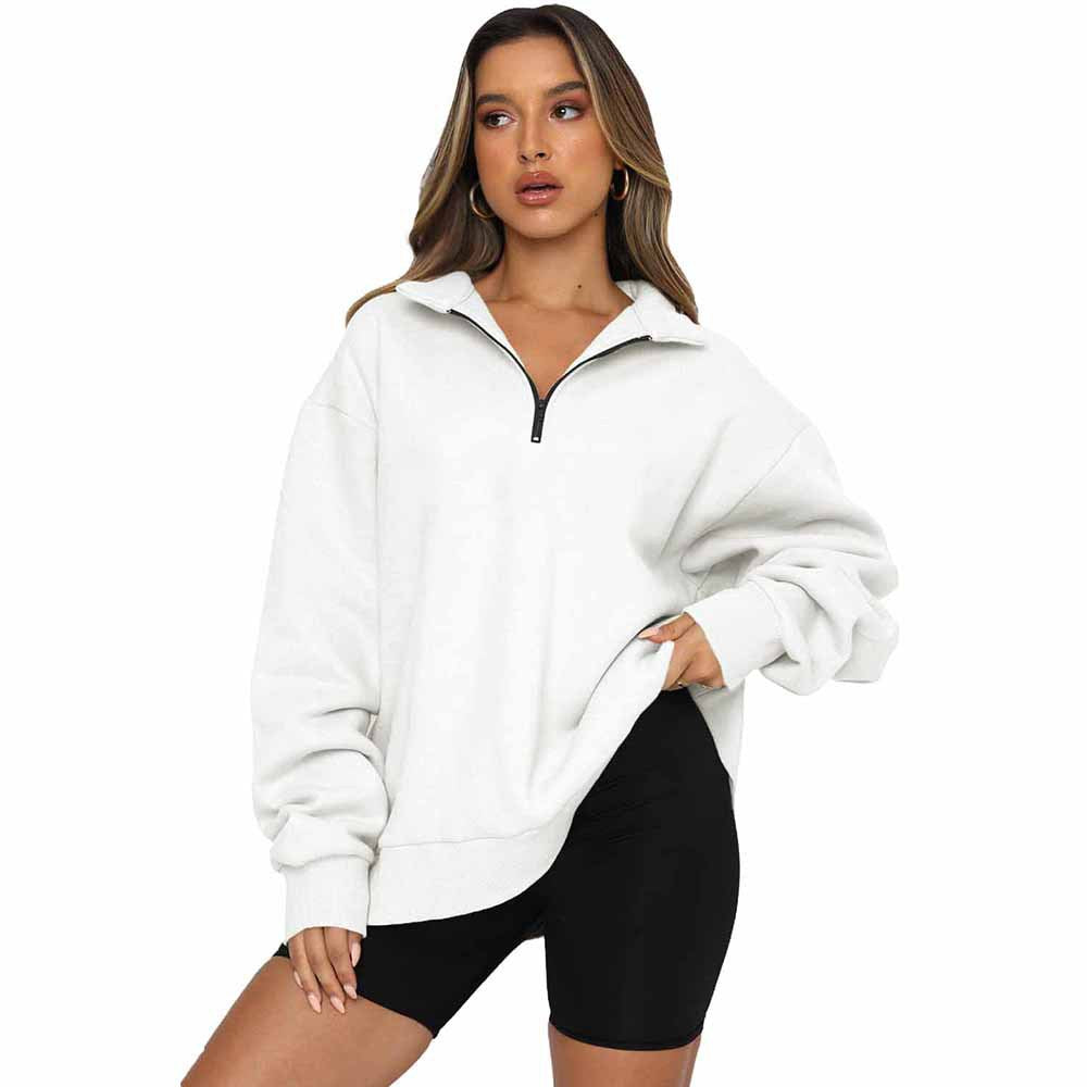 Zipper Collared Size Independent Stand Foreign Trade Ladies Solid Color Loose Versatile Top Sweatshirt