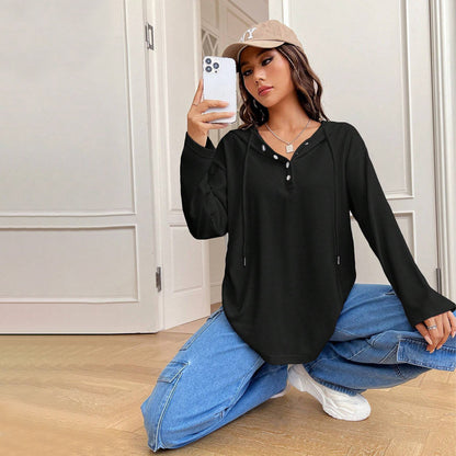 Loose Fitting Casual T Shirt Autumn Winter All Matching Slimming Long Sleeved Hooded Top Women