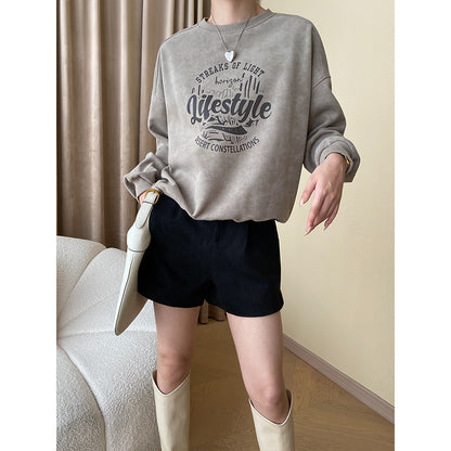 Mottled Tone Casual Letter Graphic Printed Casual round Neck Loose Shoulder Sweater