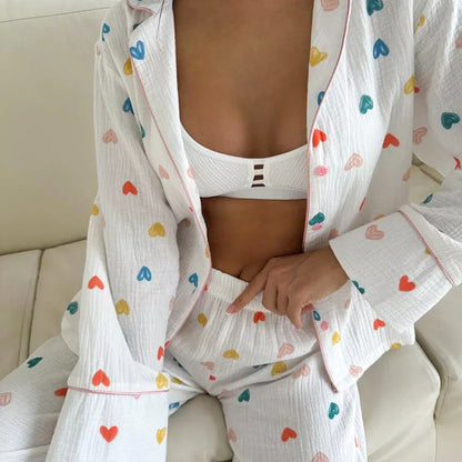 Colored Loving Heart Printed Long Sleeved Trousers Soft Skin Friendly Two Piece Home Wear Women Can Wear outside