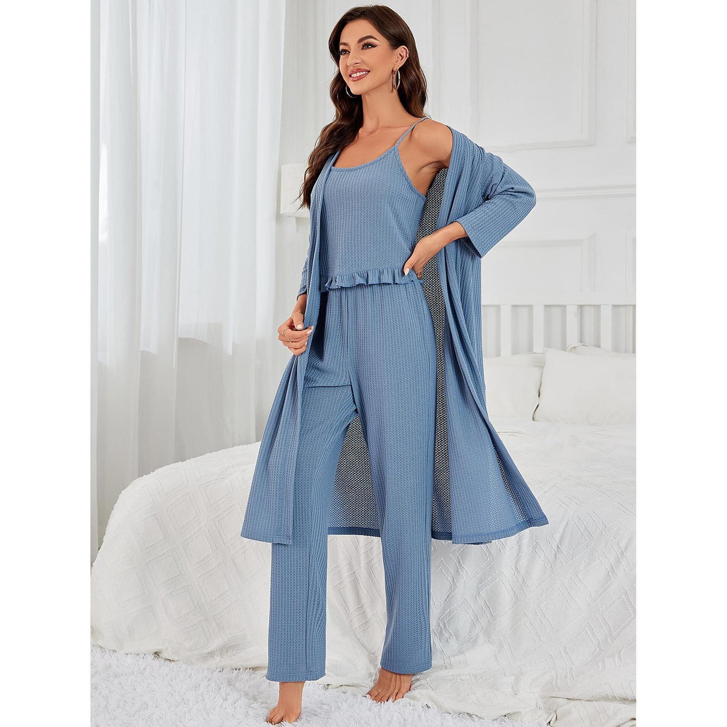 Pajamas Women Waffle Solid Color Suspender Trousers Long Sleeve Outerwear Gown Three Piece Home Wear