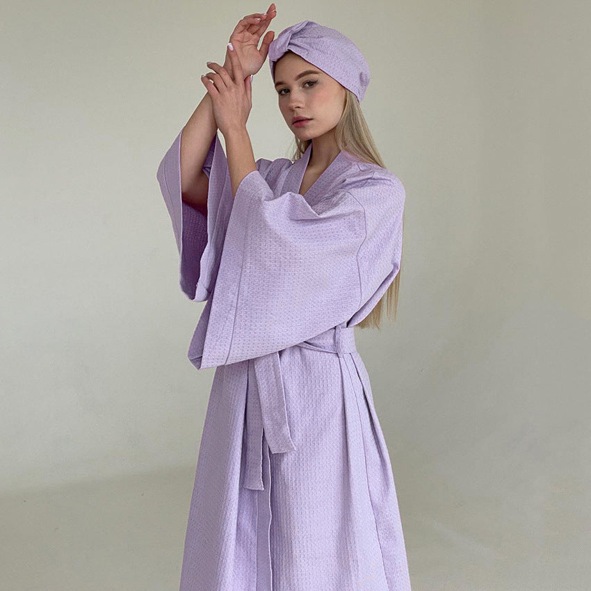 Autumn Light Luxury Waffle Loose Long Robe Hotel Bathrobe French Purple Women Homewear