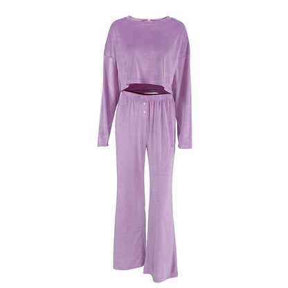 Pyjama en velours violet chaud à manches longues pour femme, pantalon doux en tricot, vêtements de maison