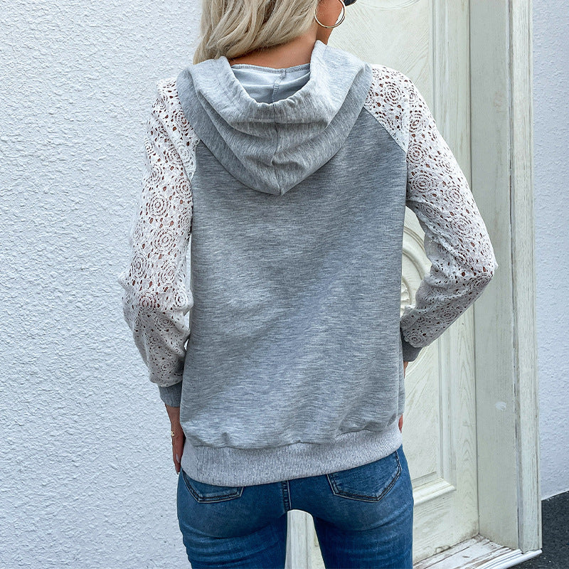 Sweat-shirt fin à capuche avec coutures en dentelle pour femme au début de l'automne au Moyen-Orient