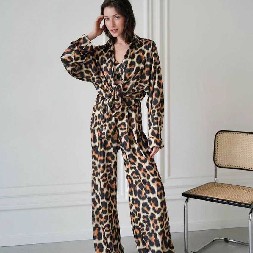 Sous-vêtements à imprimé léopard Pantalon à manches longues Pyjama trois pièces Soie glacée Vêtements d'extérieur respirants Vêtements d'intérieur pour femmes