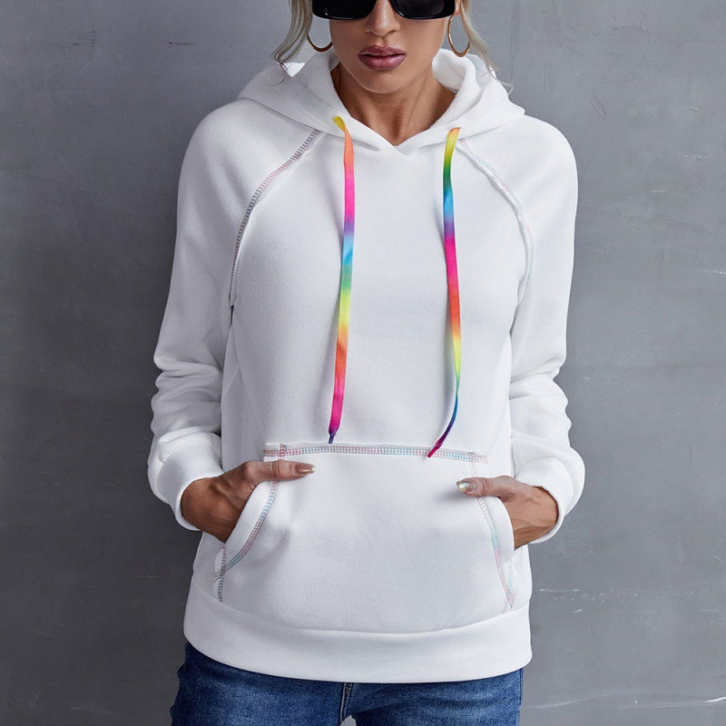 Loose Casual Hooded Rainbow Ribbon Multicolor Top Women Hoodie