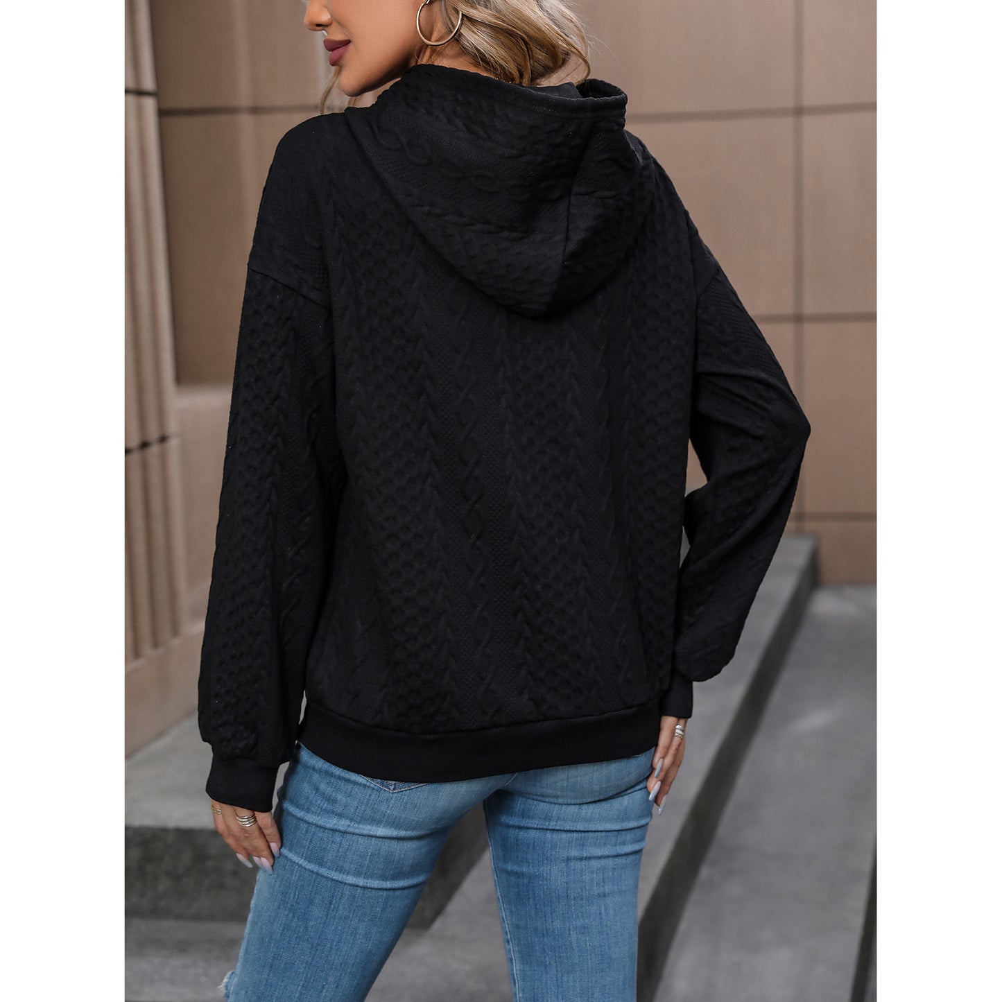 Tops Women Spring Long Sleeve Jacquard Solid Color Hooded Sweater