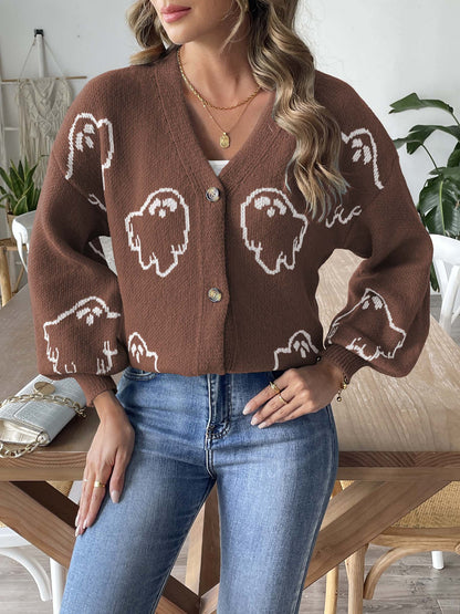 Pull d'Halloween pour femme, vêtement ample et décontracté, pull à boutons, cardigan en jacquard de dessin animé pour femme