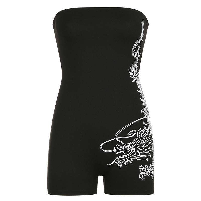 Jumpsuit mit Tube-Top und Drachen-Print, schmale Etui-Linie, ärmellos, mit Brustumwicklung, Sport-Shorts