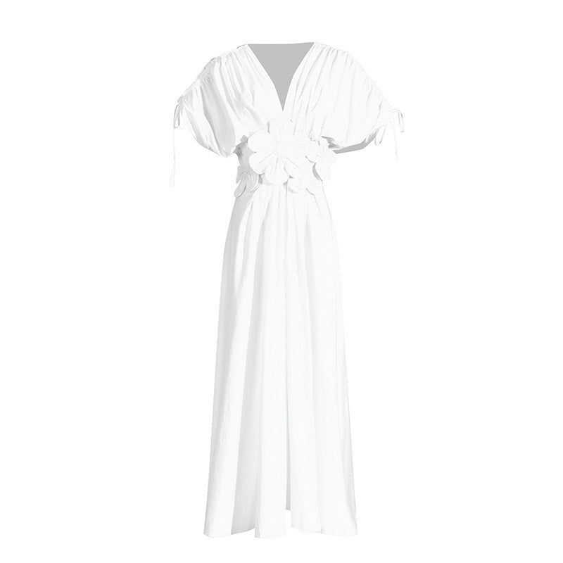 Robe d'été sexy à lacets et col en V, petite taille, design plissé, coutures florales, taille haute