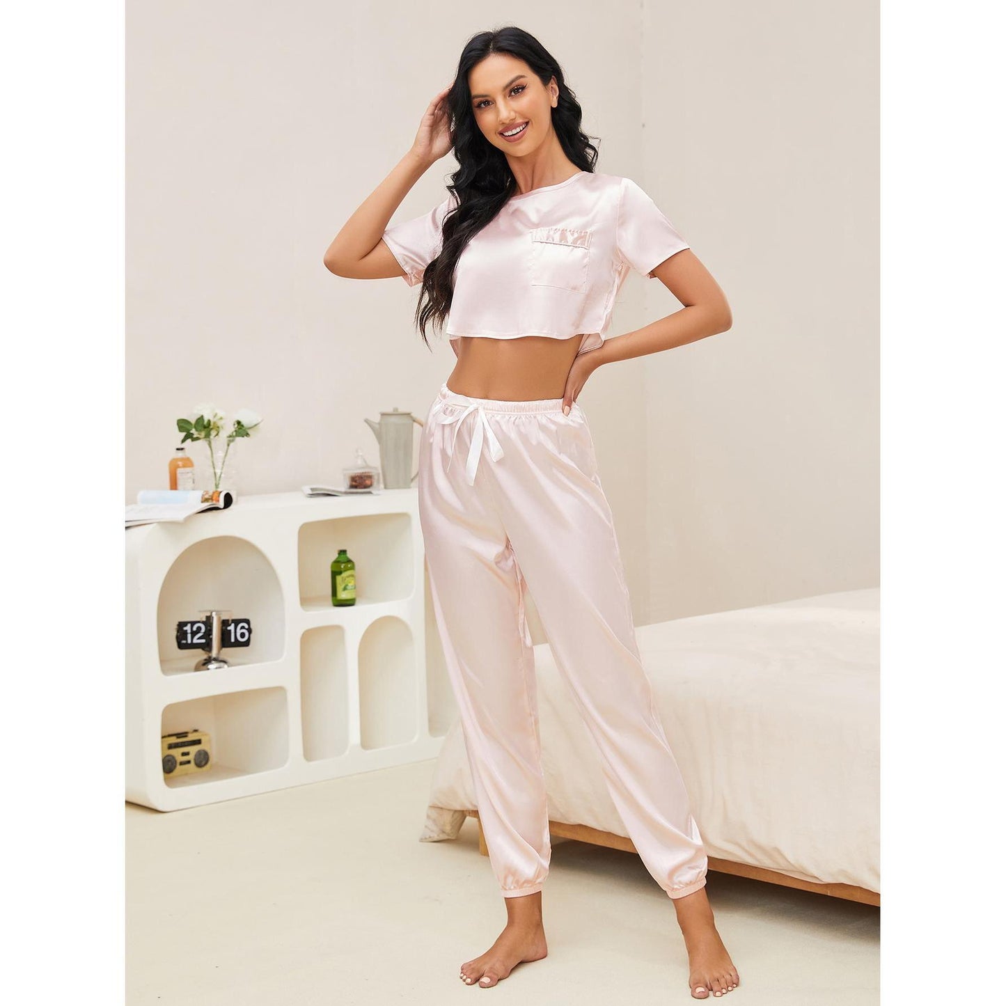 Pajamas Women Spring Autumn Artificial Silk Short Top Long Pajama Pants Home Wear Suit