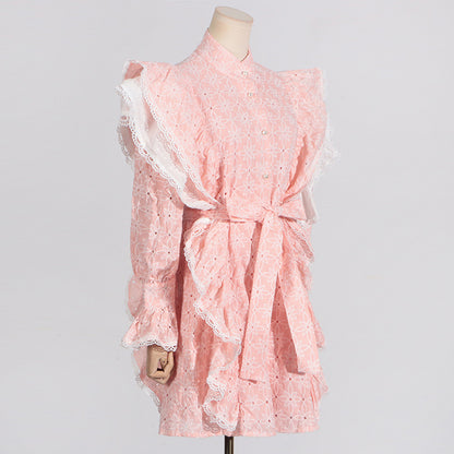 Robe d'été douce à col montant et manches courtes à volants et à manches cloches pour femmes