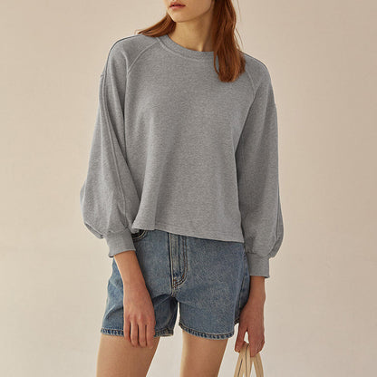 Sweat à capuche ample à manches courtes et lanternes pour femme, pull décontracté en pur coton français, automne et hiver