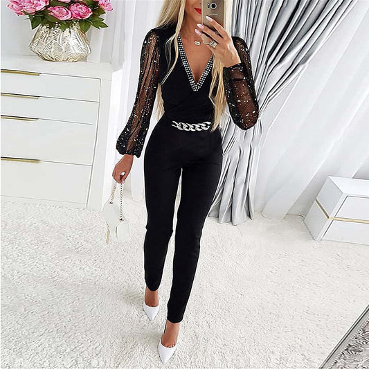 Herbst Damen Kleidung Einfarbig V-Ausschnitt Langarm Strass Hohe Taille Professioneller Casual Jumpsuit