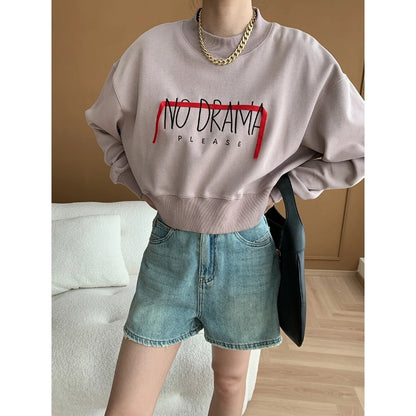 Loose Ribbon Letter Graphic Crew Neck Drop Shoulder Hoodie Short Early Autumn