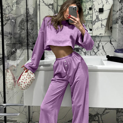 Pyjama en velours violet chaud à manches longues pour femme, pantalon doux en tricot, vêtements de maison