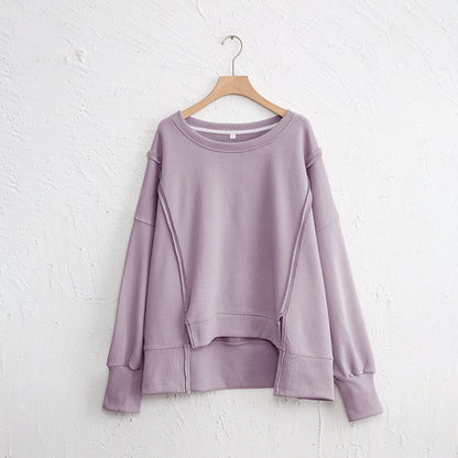 Niche Design Patchwork Sweater Spring Loose Terry Hem Irregular Asymmetric Top Women