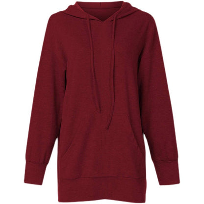 Robe mi-longue à capuche pour femme, vêtement d'automne, manches longues, couleur unie, poche, sweat à capuche ample