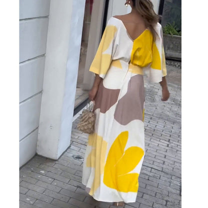 Frauen Kleidung Frühling Sommer V-ausschnitt Hohe Taille Kleid Druck Frauen