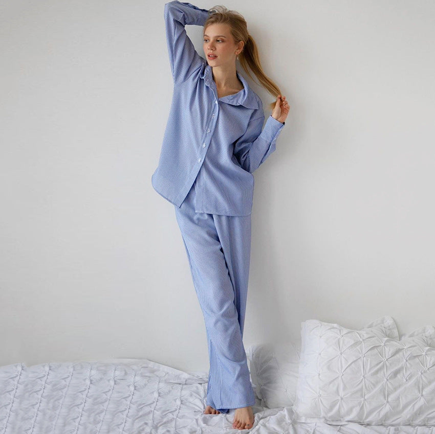 Pyjama ample et confortable à rayures bleues pour l'automne et l'hiver, à manches longues, pour femme, vêtement d'intérieur pouvant être porté à l'extérieur