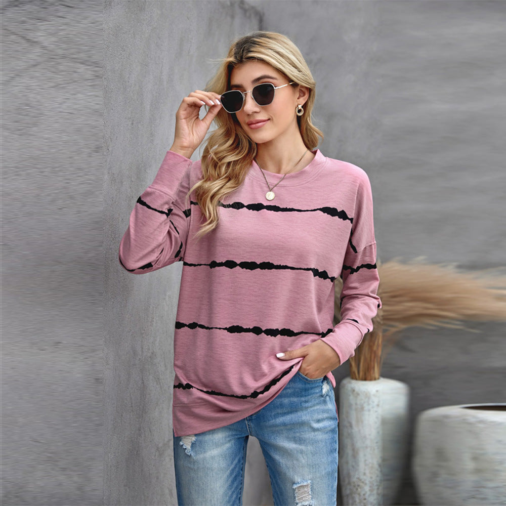 Plus Size Hooded Striped Printed Sweater Women Loose Long Sleeve round Neck Top