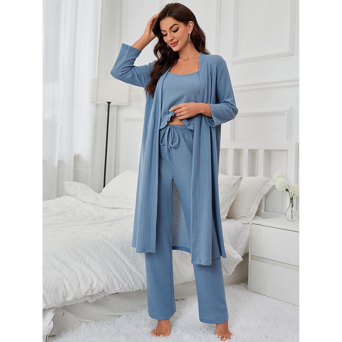 Pajamas Women Waffle Solid Color Suspender Trousers Long Sleeve Outerwear Gown Three Piece Home Wear