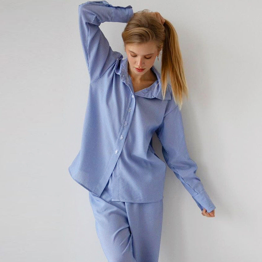 Pyjama ample et confortable à rayures bleues pour l'automne et l'hiver, à manches longues, pour femme, vêtement d'intérieur pouvant être porté à l'extérieur