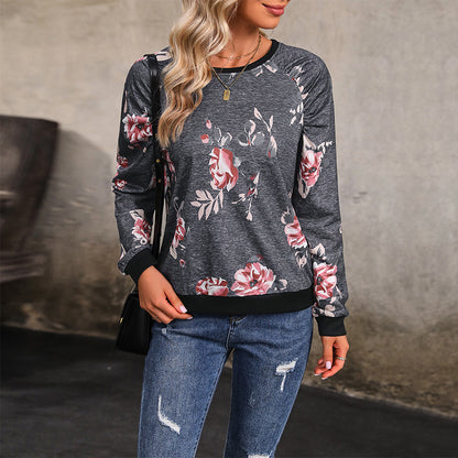 Herbst Damen tragen langärmliges bedrucktes Sweatshirt mit Rundhalsausschnitt