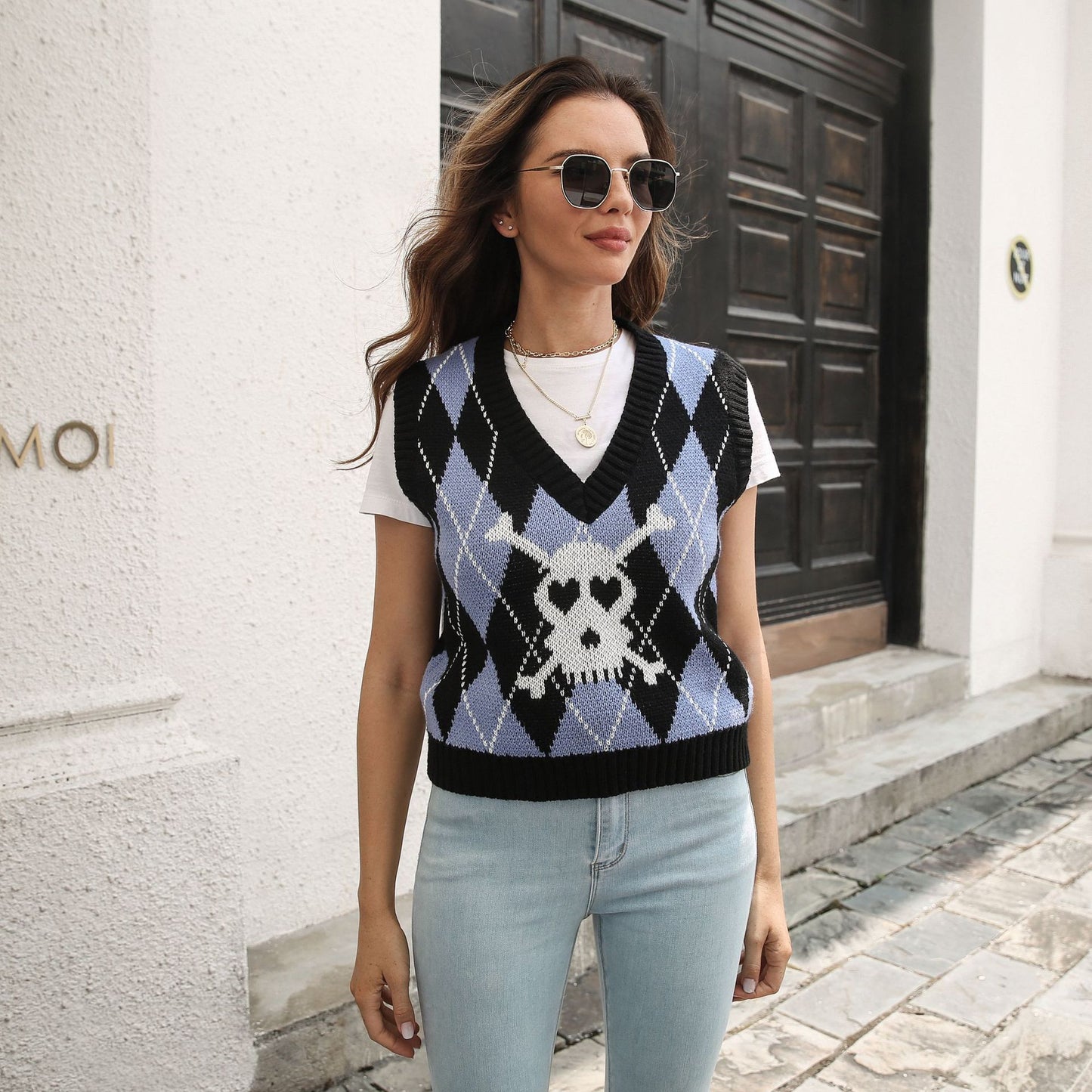 Skull Jacquard Rhombus Vest Sweater Vest Women Autumn Winter Knitwear Halloween