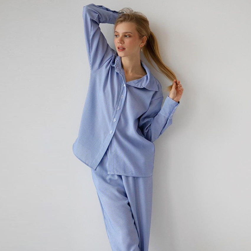 Pyjama ample et confortable à rayures bleues pour l'automne et l'hiver, à manches longues, pour femme, vêtement d'intérieur pouvant être porté à l'extérieur