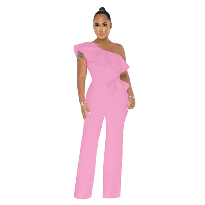 Women Clothing Solid Color Ruffles Jumpsuit Containing Belt