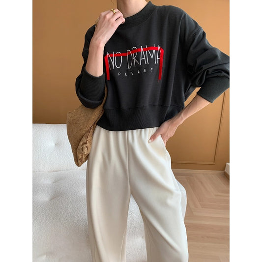 Loose Ribbon Letter Graphic Crew Neck Drop Shoulder Hoodie Short Early Autumn