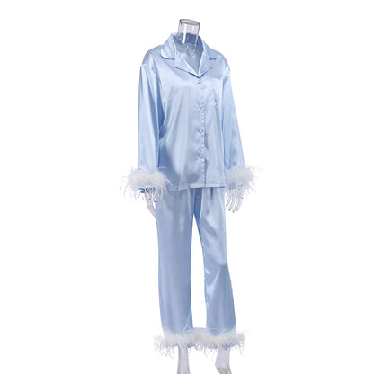 Ensemble de pyjama en plumes d'autruche à la mode automne-hiver en soie artificielle pour femmes