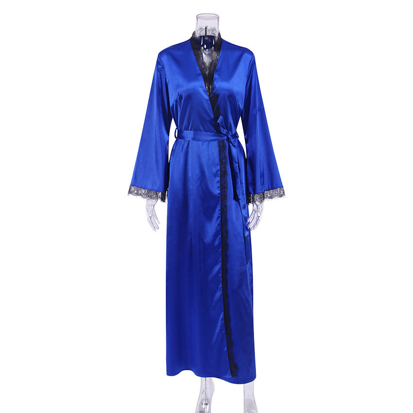 Frühen Frühling Satin Satin Lange Strickjacke Strap Nähte Nachthemd Volltonfarbe Casual Französisch Frauen Pyjamas