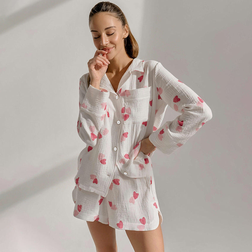 Pyjama en coton crêpe doux à imprimé cœur pour femme, ensemble short à manches longues, vêtements de détente d'été