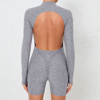 Open Collar Zipper Backless Long Sleeves One Piece Dance Fitness Sports Jumpsuit Sexy Tight Yoga Clothes Women