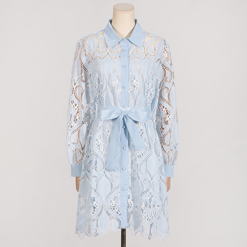 Robe d'été asymétrique irrégulière à lacets et à manches longues pour femme avec broderie de l'industrie lourde et col polo