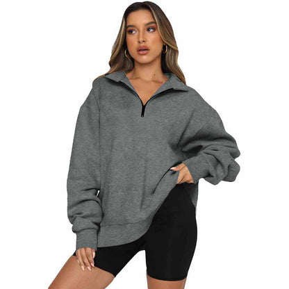 Zipper Collared Size Independent Stand Foreign Trade Ladies Solid Color Loose Versatile Top Sweatshirt