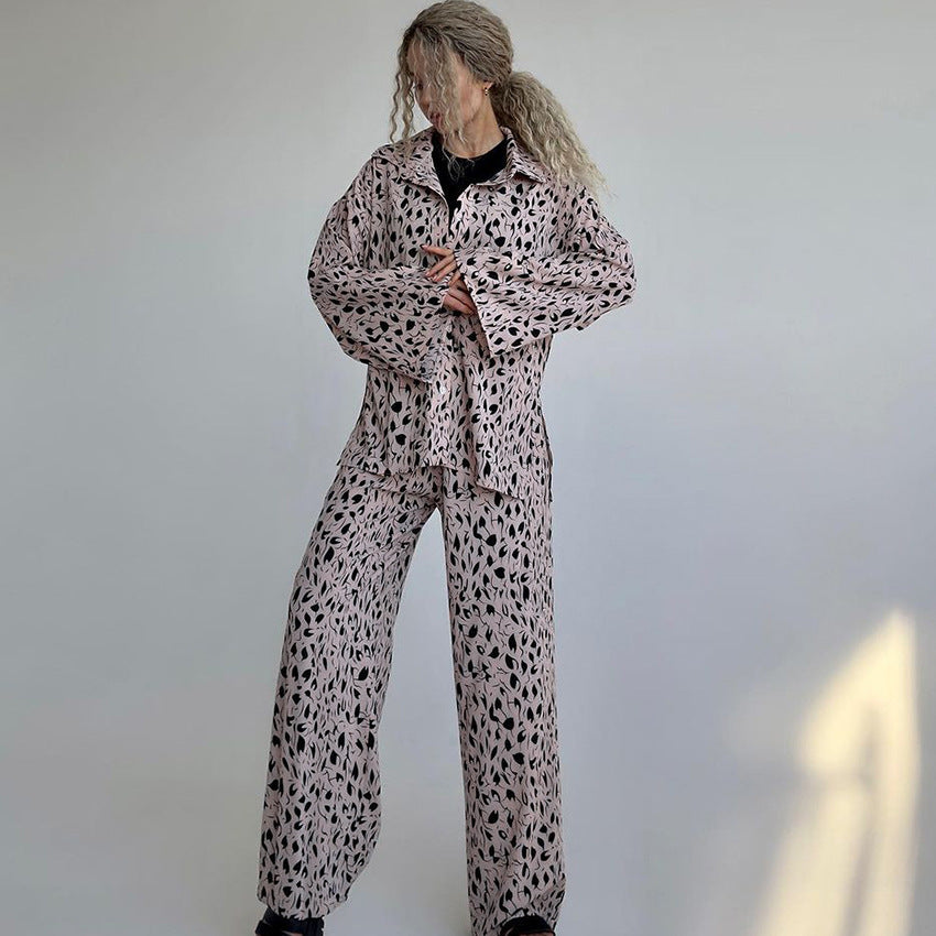 Pyjama à manches longues et pantalon en soie artificielle imprimé léopard, ensemble ample de deux pièces pour la maison pour femmes