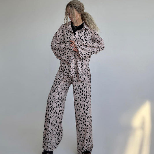 Pyjama à manches longues et pantalon en soie artificielle imprimé léopard, ensemble ample de deux pièces pour la maison pour femmes