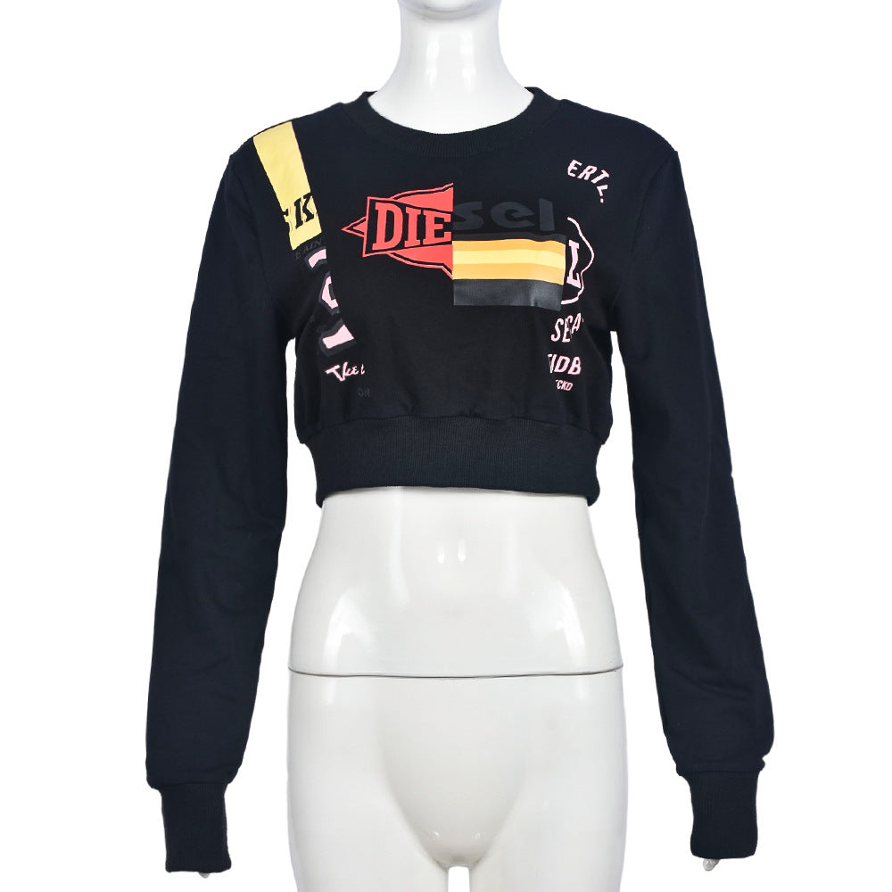 Herbst Winter Pullover Damen Kleidung Rundhalsausschnitt Cropped All Match Adhesive Cement Printed Langarm Top T-Shirt