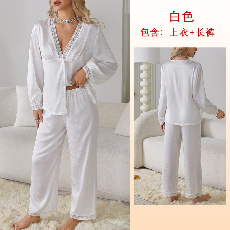 Pyjama à manches longues sexy pantalon blanc costume deux pièces confortable satin jacquard vêtements de maison