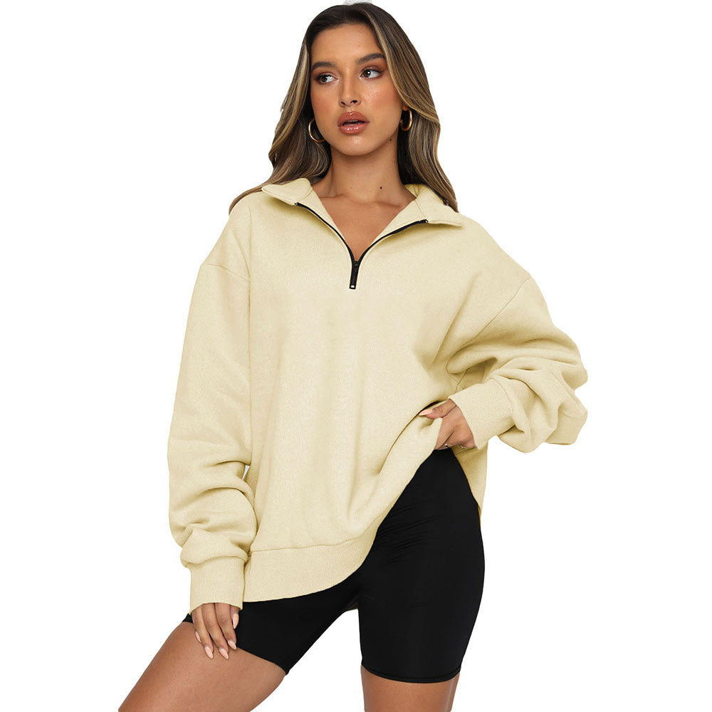 Zipper Collared Size Independent Stand Foreign Trade Ladies Solid Color Loose Versatile Top Sweatshirt