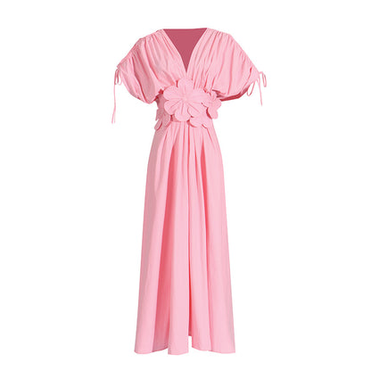 Robe d'été sexy à lacets et col en V, petite taille, design plissé, coutures florales, taille haute