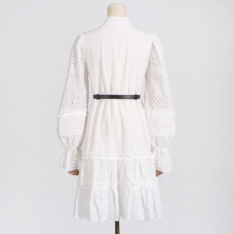 Robe d'été à col montant et manches lanternes brodées pour femme, tenue vintage artistique française, moulante, feuille de lotus