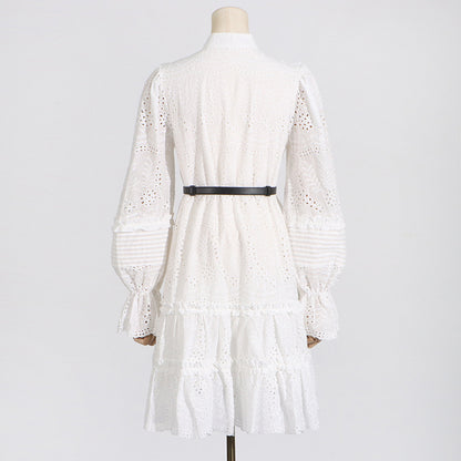 Robe d'été à col montant et manches lanternes brodées pour femme, tenue vintage artistique française, moulante, feuille de lotus