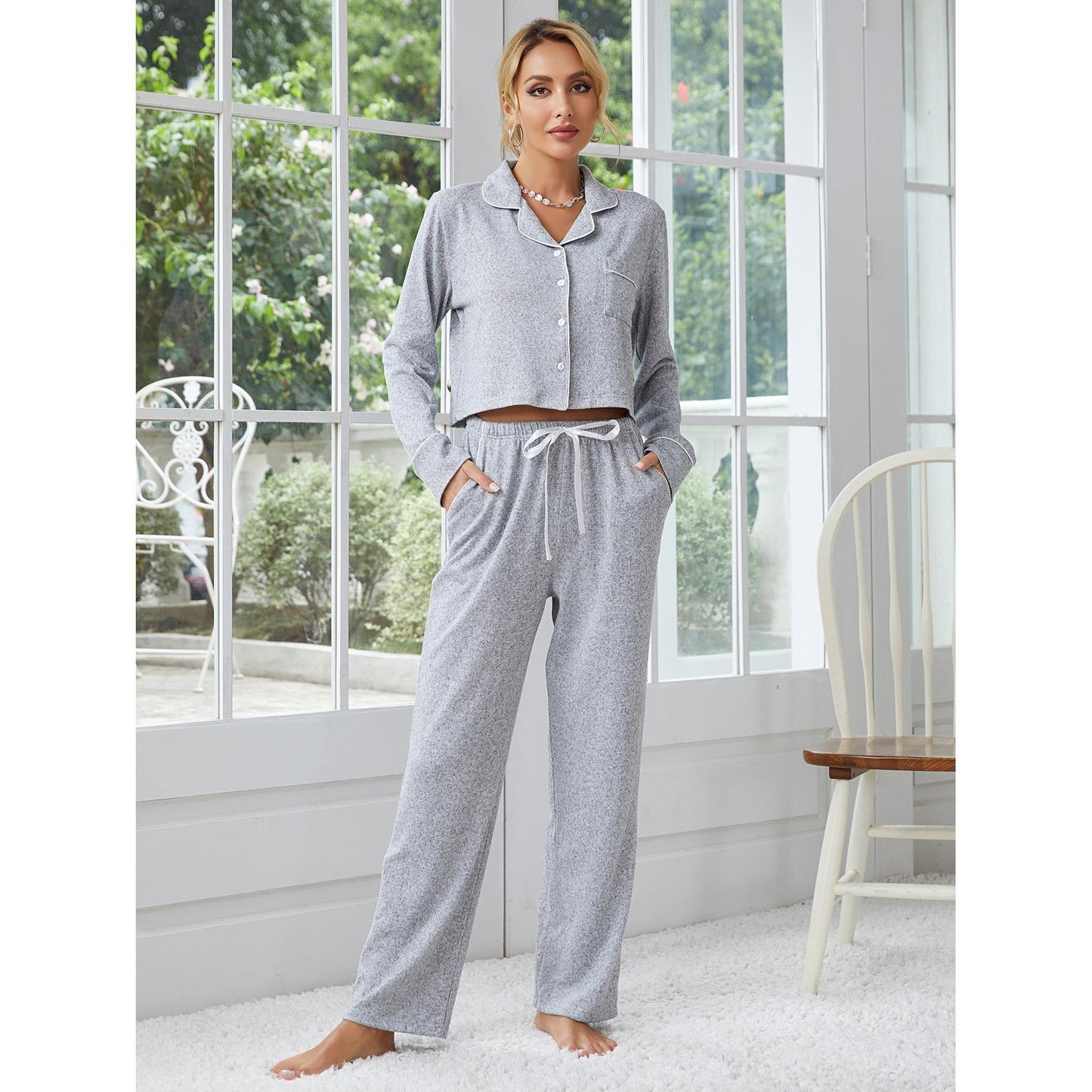 Ladies Pajamas Autumn Winter Thickened Long-Sleeved Cardigan Trousers Two Piece Home Wear