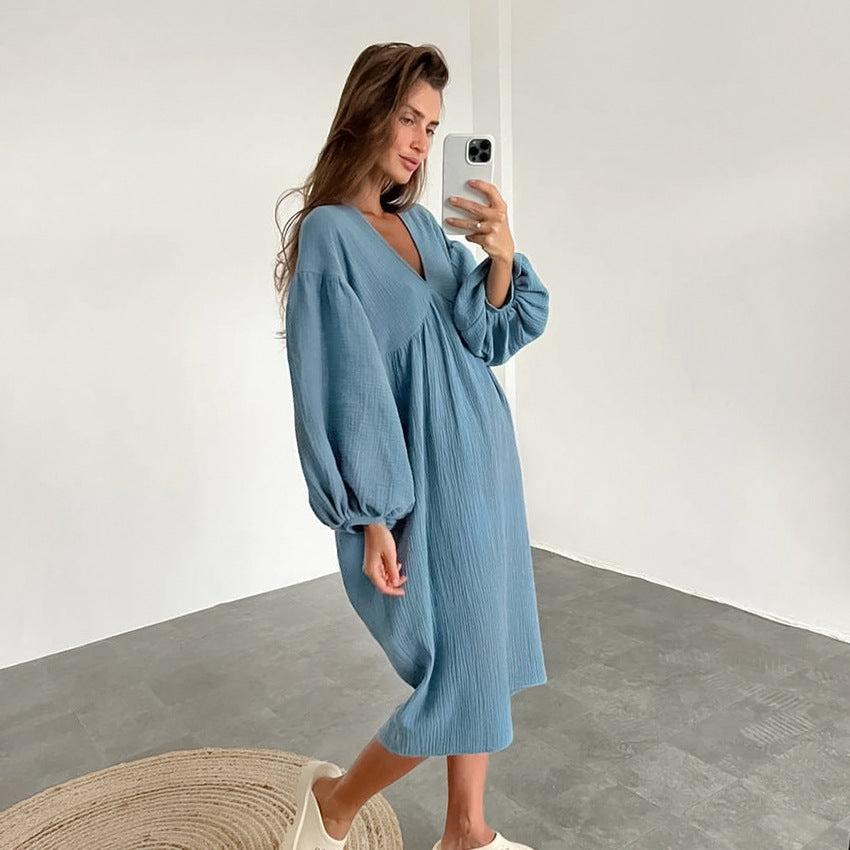 Pyjama d'automne en coton à double couche et col en V pour femme, ample, manches lanternes, doux pour la peau, pur coton, vêtements de confinement, vêtements d'intérieur