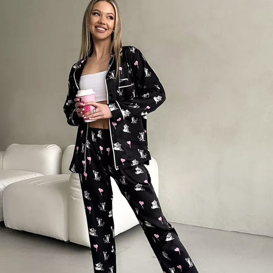 Pyjama en soie glacée imprimé chat mignon pour femme, cardigan confortable à manches longues et pantalon pour la maison