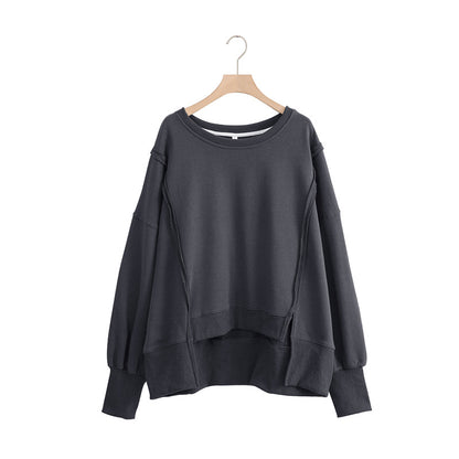 Niche Design Patchwork Sweater Spring Loose Terry Hem Irregular Asymmetric Top Women